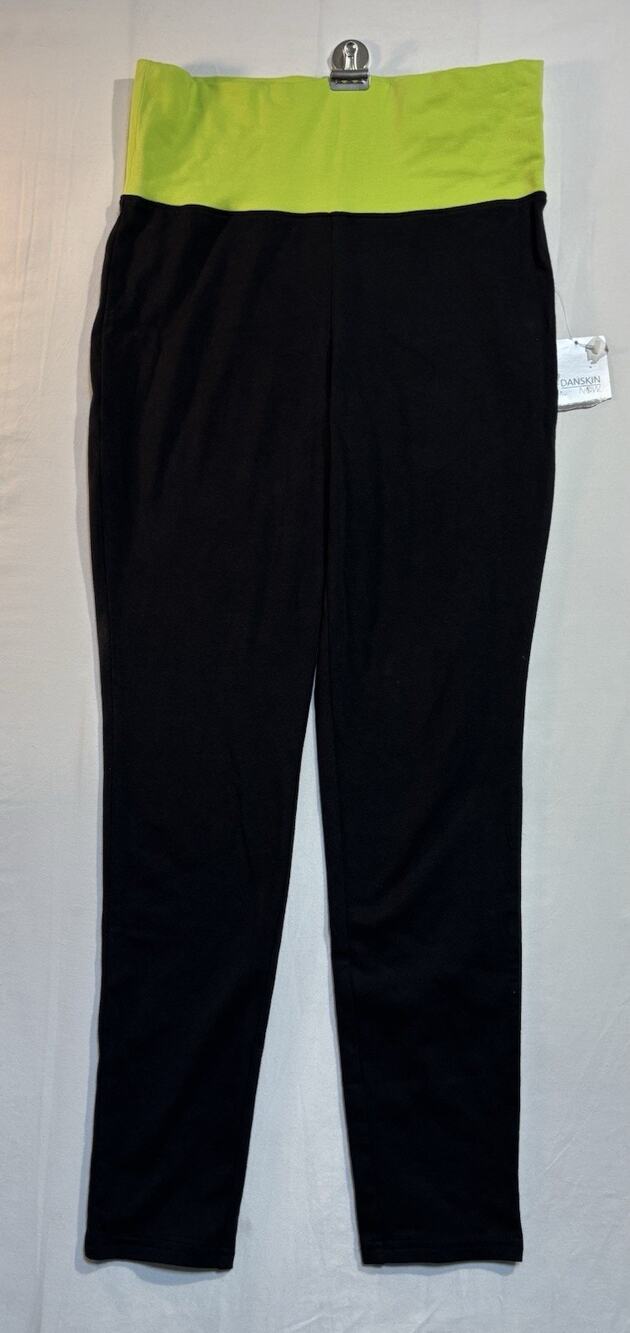 Danskin Now Girls LG 10-12 Black Leggings Neon Yellow Waist Athletic NWT